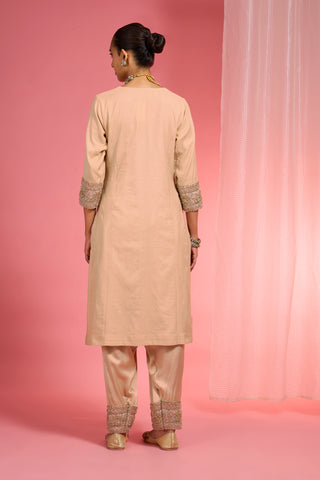 BEIGE  CHANDERI HAND EMBROIDERED KURTA SET