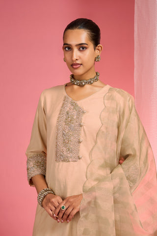 BEIGE  CHANDERI HAND EMBROIDERED KURTA SET