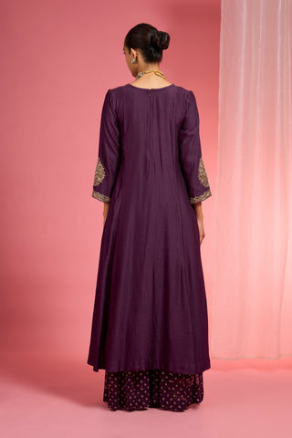 DARK WINE  VISCOSE DUPION SILK HAND EMBROIDERED SHARARA SET
