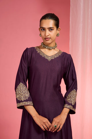 DARK WINE  VISCOSE DUPION SILK HAND EMBROIDERED SHARARA SET