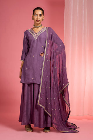 DULL PURPLE  VISCOSE DUPION SILK HAND EMBROIDERED SHARARA SET