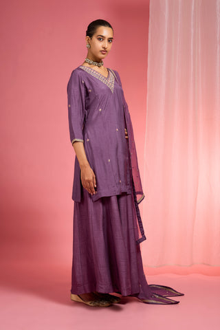 DULL PURPLE  VISCOSE DUPION SILK HAND EMBROIDERED SHARARA SET