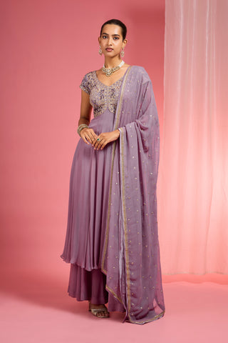 LAVENDER GEORGETTE HAND EMBROIDERED ANARKALI SHARARA SET