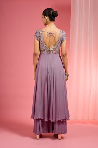 LAVENDER GEORGETTE HAND EMBROIDERED ANARKALI SHARARA SET