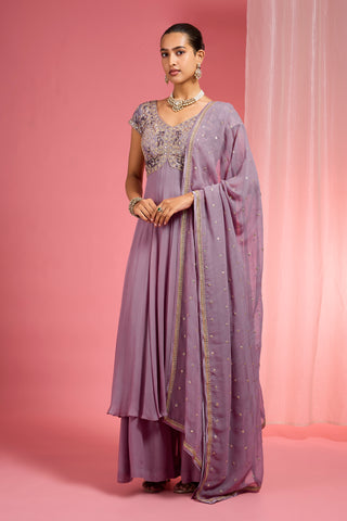 LAVENDER GEORGETTE HAND EMBROIDERED ANARKALI SHARARA SET