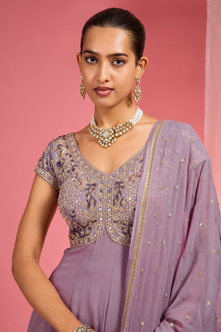 LAVENDER GEORGETTE HAND EMBROIDERED ANARKALI SHARARA SET