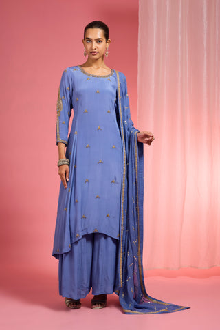 BLUE HAND EMBROIDERED VISCOSE CREPE  KURTA SHARARA SET