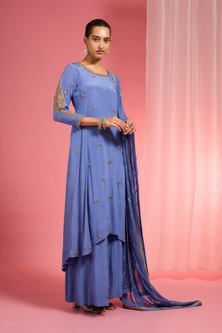 BLUE HAND EMBROIDERED VISCOSE CREPE  KURTA SHARARA SET