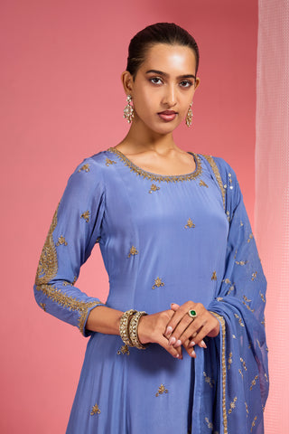 BLUE HAND EMBROIDERED VISCOSE CREPE  KURTA SHARARA SET