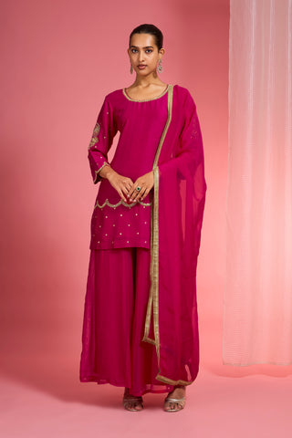 RANI PINK VISCOSE DUPION SILK HAND EMBROIDERED SHARARA SET