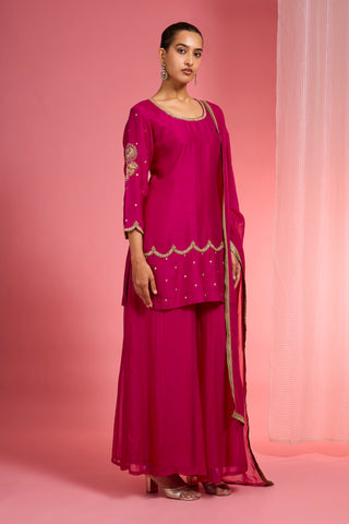 RANI PINK VISCOSE DUPION SILK HAND EMBROIDERED SHARARA SET