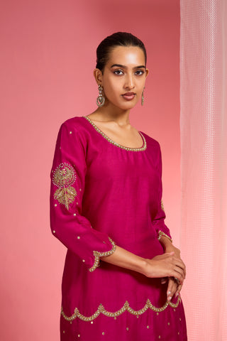 RANI PINK VISCOSE DUPION SILK HAND EMBROIDERED SHARARA SET