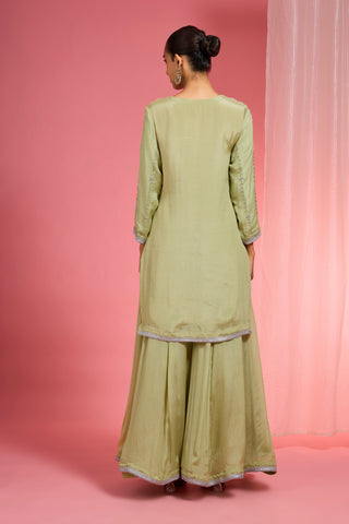 LIGHT GREEN VISCOSE CHINON CHIFFON SILVER HAND EMBROIDERED SHARARA SET
