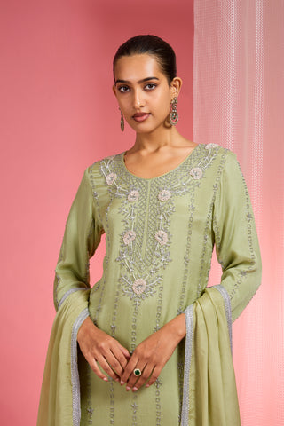 LIGHT GREEN VISCOSE CHINON CHIFFON SILVER HAND EMBROIDERED SHARARA SET