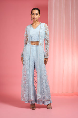 POWDER BLUE RESHAM EMBROIDERED NET  CAPE PLAZZO SET