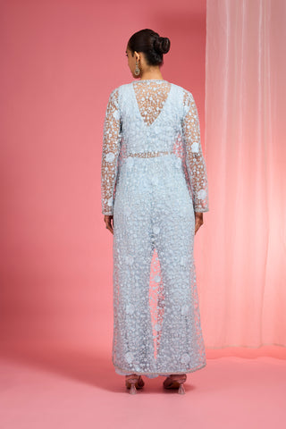 POWDER BLUE RESHAM EMBROIDERED NET  CAPE PLAZZO SET