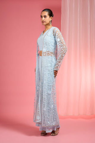 POWDER BLUE RESHAM EMBROIDERED NET  CAPE PLAZZO SET