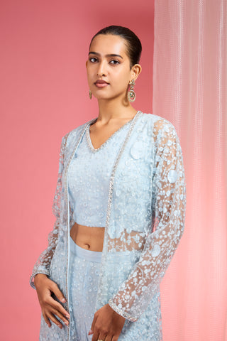 POWDER BLUE RESHAM EMBROIDERED NET  CAPE PLAZZO SET