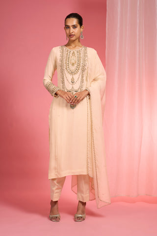 LIGHT BEIGE ORGANZA SEQUIN BEADS DABKA WORK KURTA SET