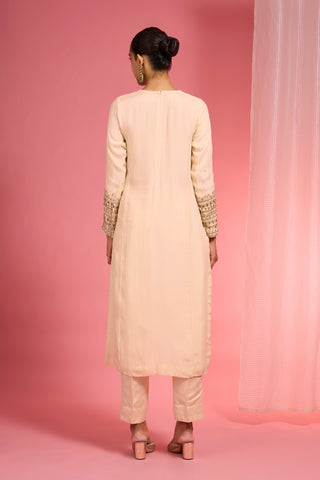 LIGHT BEIGE ORGANZA SEQUIN BEADS DABKA WORK KURTA SET