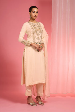 LIGHT BEIGE ORGANZA SEQUIN BEADS DABKA WORK KURTA SET