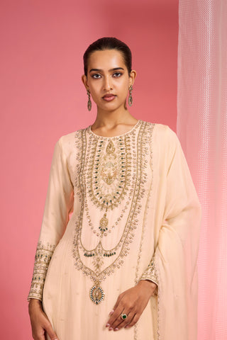 LIGHT BEIGE ORGANZA SEQUIN BEADS DABKA WORK KURTA SET