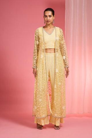 LEMON YELLOW  RESHAM EMBROIDERED NET  CAPE PLAZZO SET