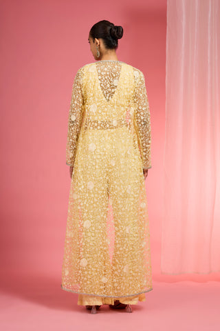 LEMON YELLOW  RESHAM EMBROIDERED NET  CAPE PLAZZO SET