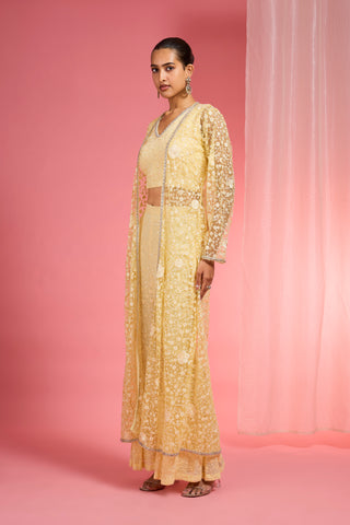 LEMON YELLOW  RESHAM EMBROIDERED NET  CAPE PLAZZO SET