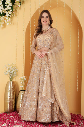 LIGHT BEIGE DOUBLE NET HAND EMBROIDERED LEHENGA SET