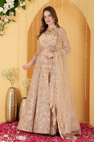 LIGHT BEIGE DOUBLE NET HAND EMBROIDERED LEHENGA SET