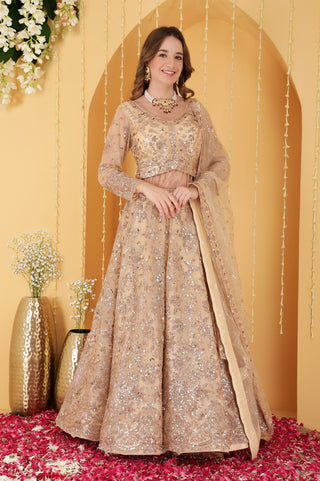 LIGHT BEIGE DOUBLE NET HAND EMBROIDERED LEHENGA SET