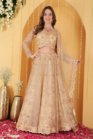 GOLD  DOUBLE NET HAND EMBROIDERED LEHENGA SET