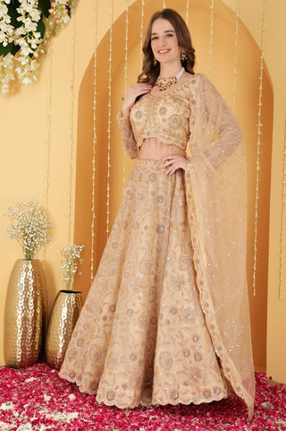 GOLD  DOUBLE NET HAND EMBROIDERED LEHENGA SET