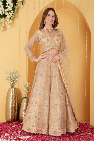 GOLD  DOUBLE NET HAND EMBROIDERED LEHENGA SET