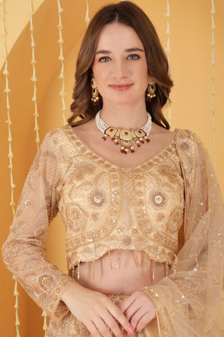 GOLD  DOUBLE NET HAND EMBROIDERED LEHENGA SET