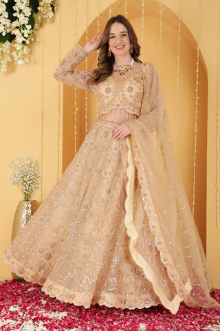 GOLD  DOUBLE NET HAND EMBROIDERED LEHENGA SET