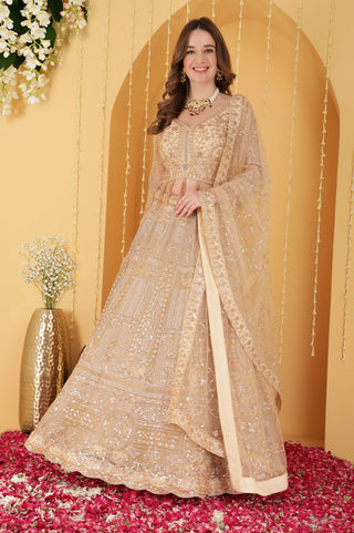 BEIGE DOUBLE NET HAND EMBROIDERED LEHENGA SET