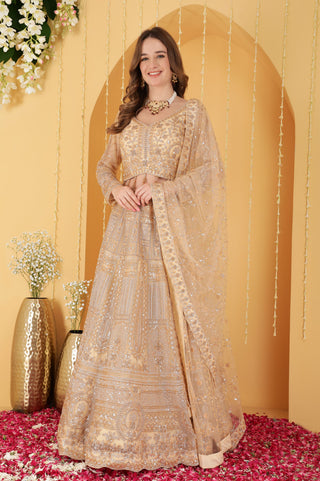BEIGE DOUBLE NET HAND EMBROIDERED LEHENGA SET