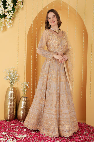 BEIGE DOUBLE NET HAND EMBROIDERED LEHENGA SET