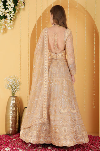 BEIGE DOUBLE NET HAND EMBROIDERED LEHENGA SET
