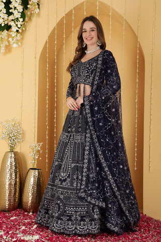 DARK BLUE DOUBLE NET HAND EMBROIDERED LEHENGA SET