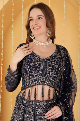 DARK BLUE DOUBLE NET HAND EMBROIDERED LEHENGA SET