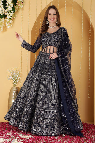 DARK BLUE DOUBLE NET HAND EMBROIDERED LEHENGA SET