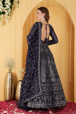 DARK BLUE DOUBLE NET HAND EMBROIDERED LEHENGA SET