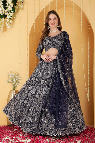 NAVY BLUE  DOUBLE NET HAND EMBROIDERED LEHENGA SET