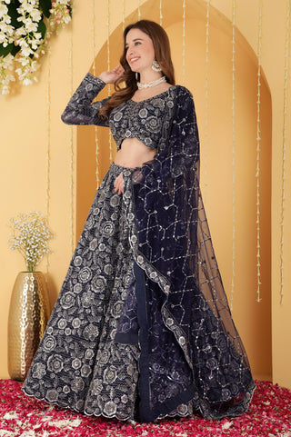 NAVY BLUE  DOUBLE NET HAND EMBROIDERED LEHENGA SET