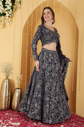NAVY BLUE  DOUBLE NET HAND EMBROIDERED LEHENGA SET