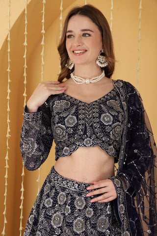 NAVY BLUE  DOUBLE NET HAND EMBROIDERED LEHENGA SET
