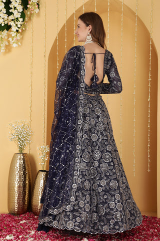 NAVY BLUE  DOUBLE NET HAND EMBROIDERED LEHENGA SET